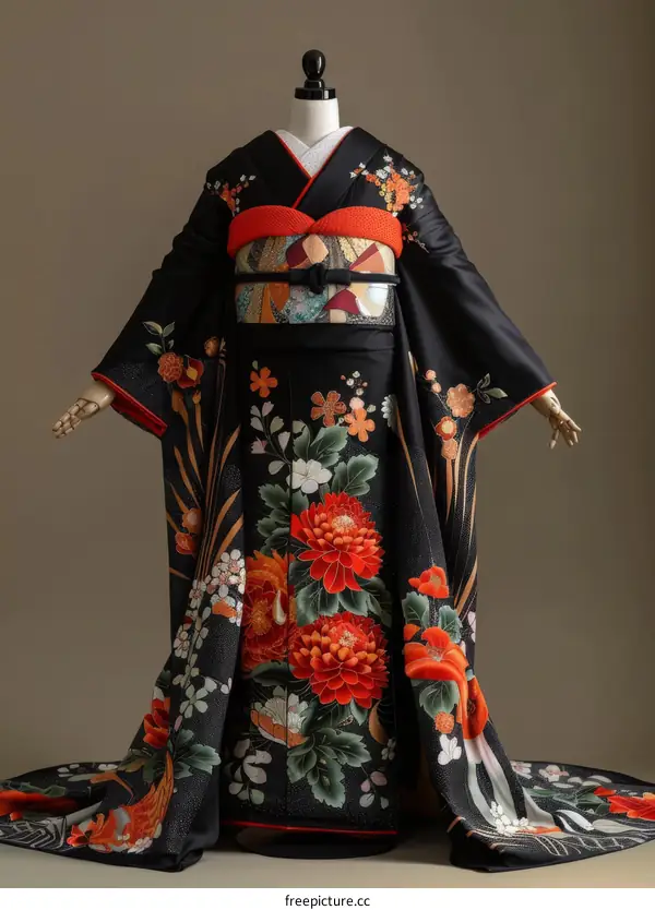 A kimono with a pattern of chrysanthemums and pine trees