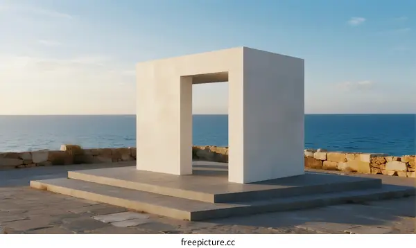 Minimalist White Cube Structure by Seaside with Open Door