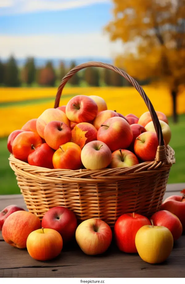 A Basket of Apples with Autumn Landscape