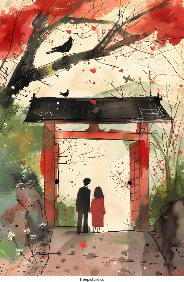 Couple Standing In Front Of Red Gate In Japanese Garden