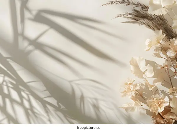 Beige Dried Flowers and Shadow on White Wall