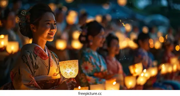 A Japanese woman wearing a kimono is holding a candle lantern.
