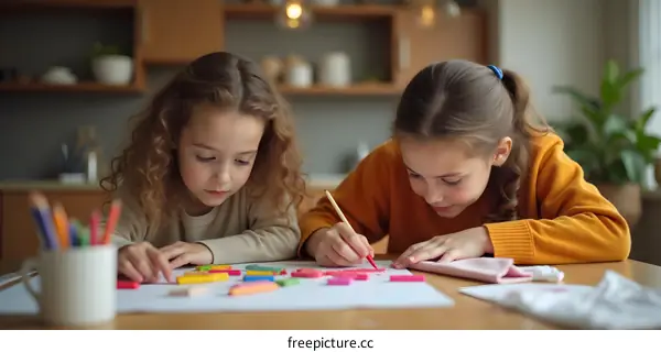 Two Little Girls Drawing on a Table