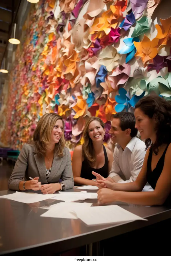 Four people are sitting around a table having a meeting