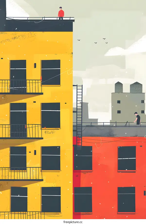 Two People on Rooftop of Buildings in City
