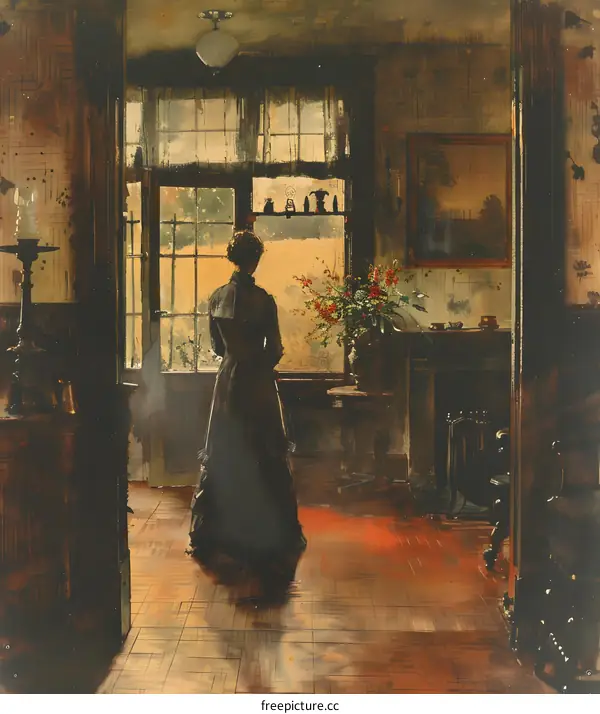 Woman Looking Out of Window in Vintage Home