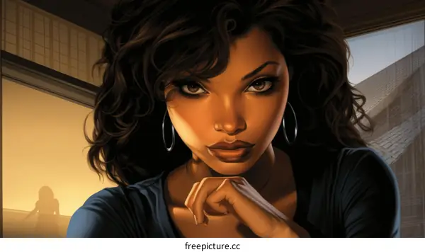 Portrait of a Beautiful Black Woman with Long Brown Hair