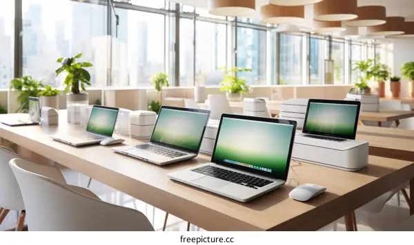 Modern office interior with empty desks and chairs