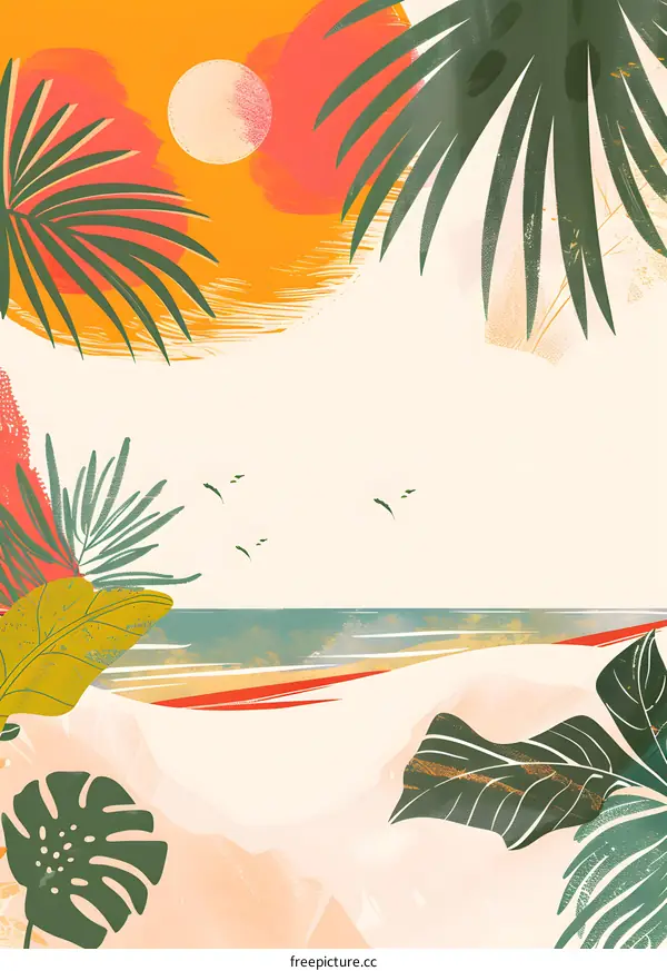 Tropical Beach Sunset Illustration with Palm Leaves and Abstract Sun
