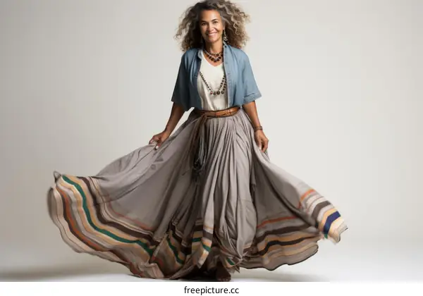 A woman wearing a long skirt and a denim shirt is dancing