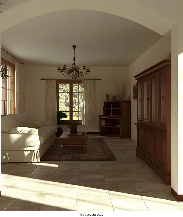 Modern Living Room with a Chandelier and Large Window