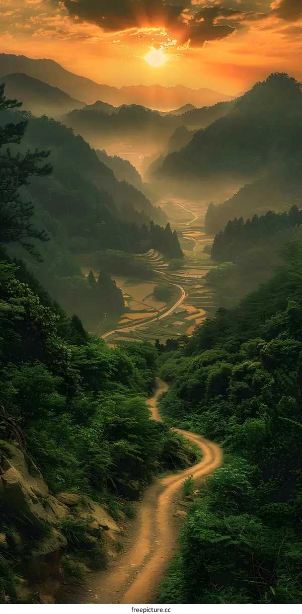 Winding Dirt Road through Lush Green Mountains at Sunset