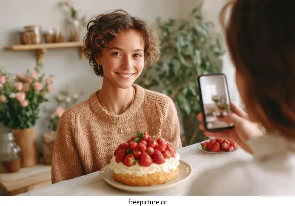 Woman Taking Photo of Strawberry Cake Dessert