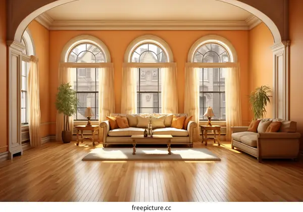 Spacious and Bright Living Room with Arched Windows