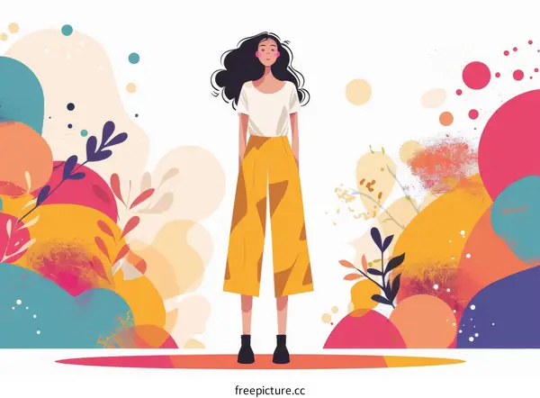 A young woman standing in front of a colorful background