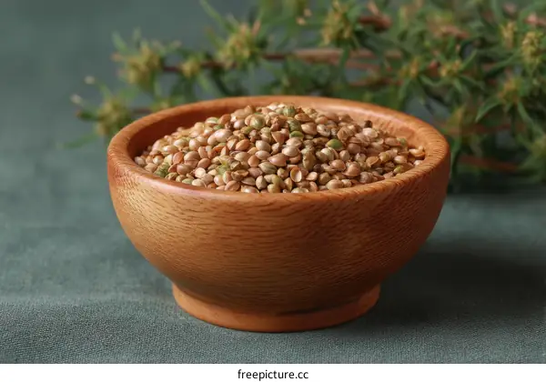 Wooden Bowl Filled with Seeds on a Green Background