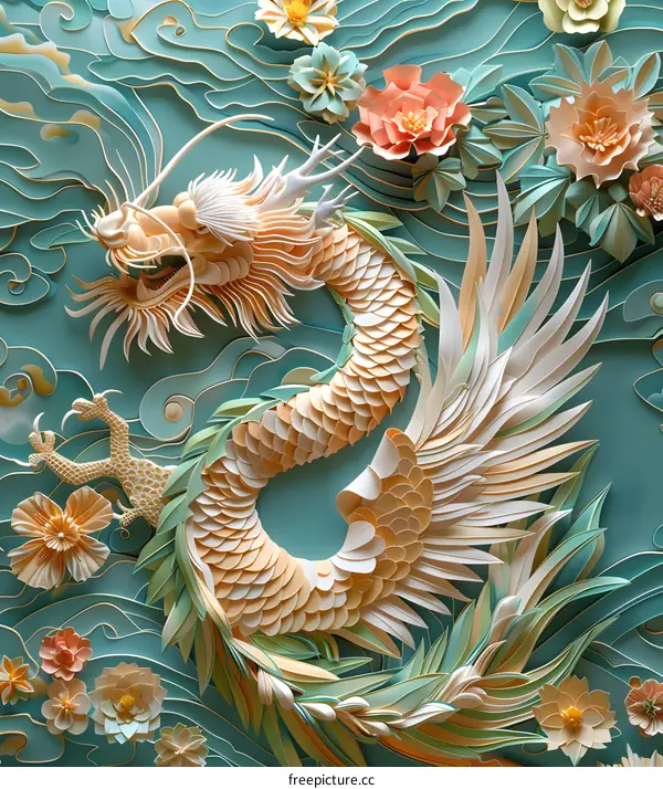 A three-dimensional paper-cut work of a dragon playing with a pearl
