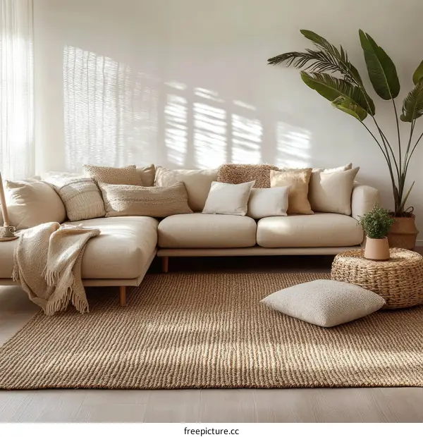 Modern Beige Living Room with Natural Rug