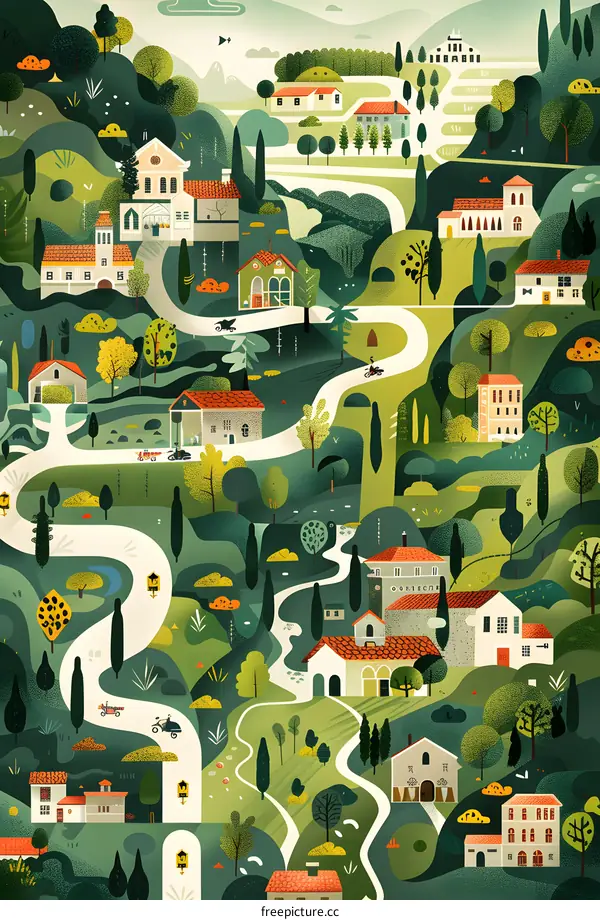 Artistic Illustration of a Winding Road Through a Green Landscape with Buildings and Trees