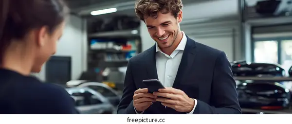 Smiling Businessman Using Phone in Showroom