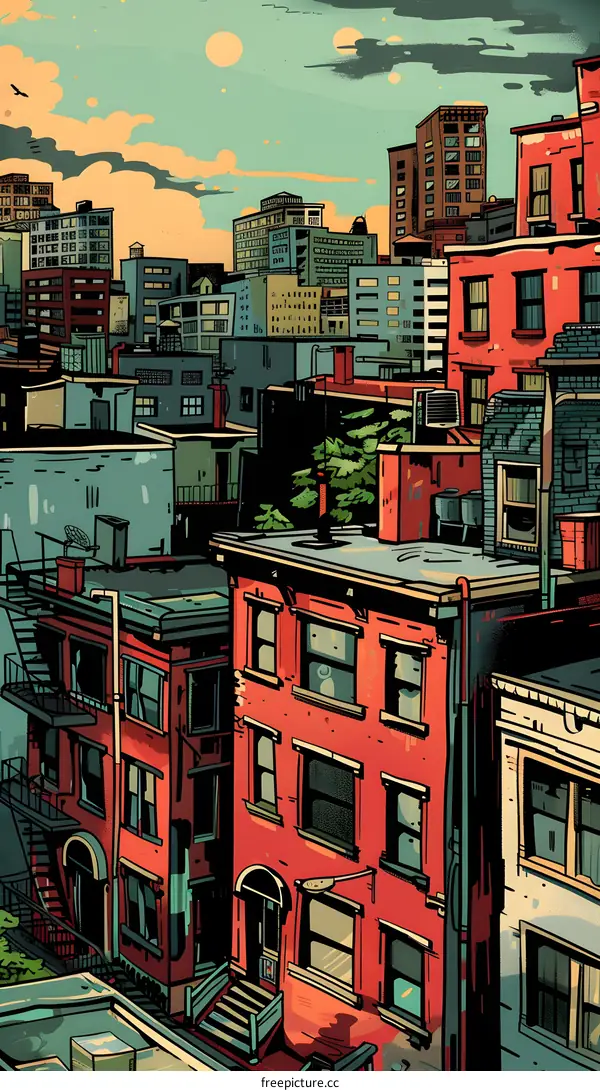 Illustrated Cityscape with Red Brick Buildings and Rooftop View