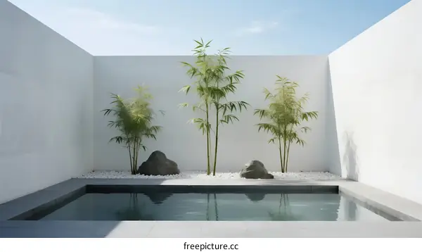 Minimalist White Courtyard with Bamboo and Small Pool