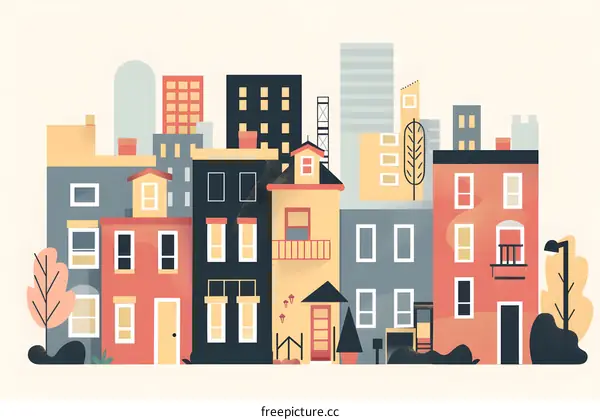 Abstract Cityscape Illustration With Buildings And Trees