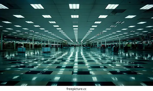 Empty Retail Store Interior with Fluorescent Lights and Checkerboard Floor