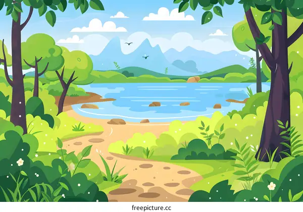 Green Forest Path With A View Of A Lake And Mountains