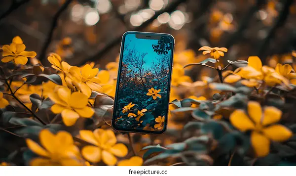 Yellow Flowers with Phone Displaying Nature