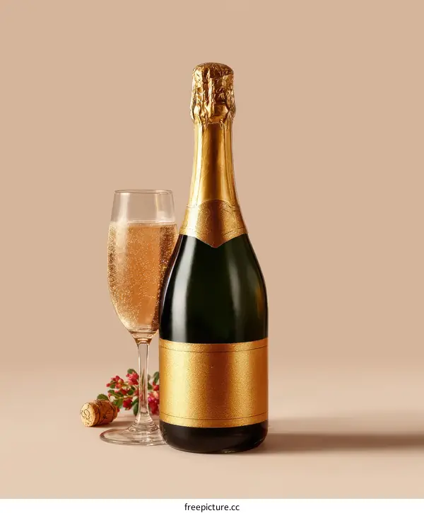 Gold Champagne Bottle and Glass with Holiday Decoration