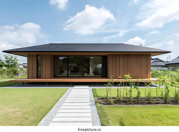 Modern Japanese House with Wooden Exterior and Stone Pathway