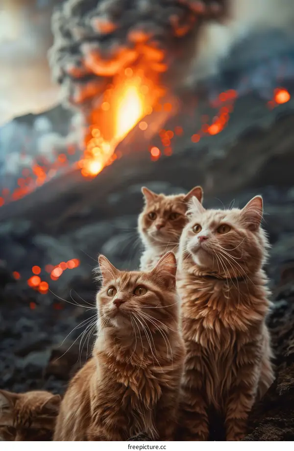Three Ginger Cats Watch a Volcanic Eruption