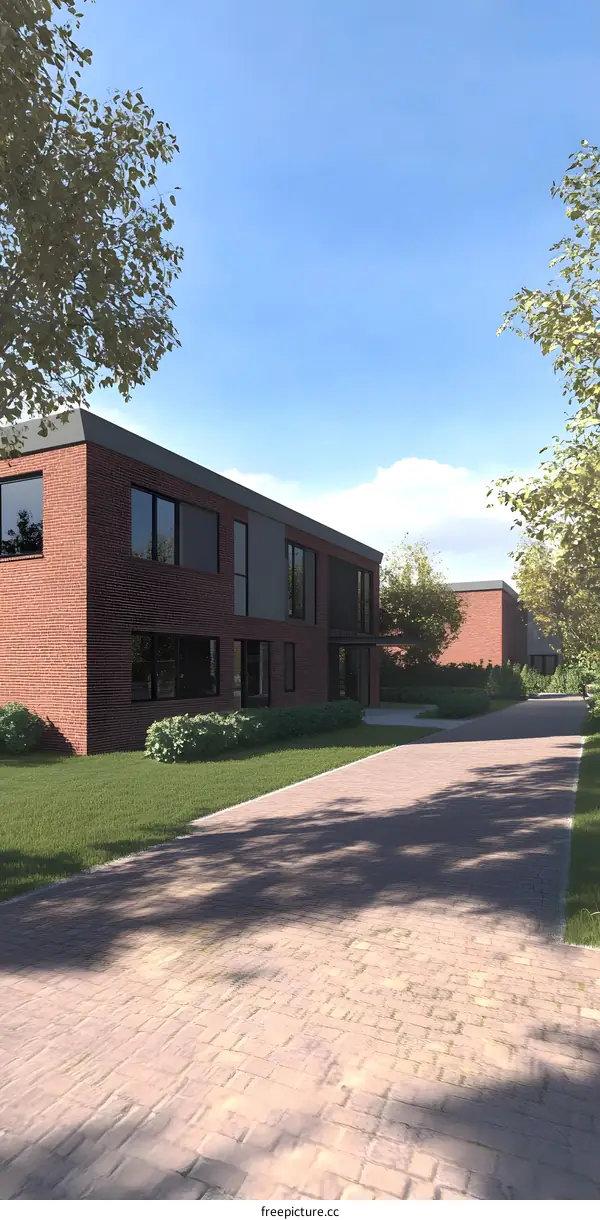 Modern Brick Building with Green Lawn and Cobblestone Path