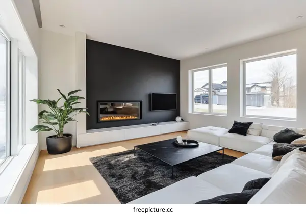 Modern Living Room with Fireplace and Large Windows
