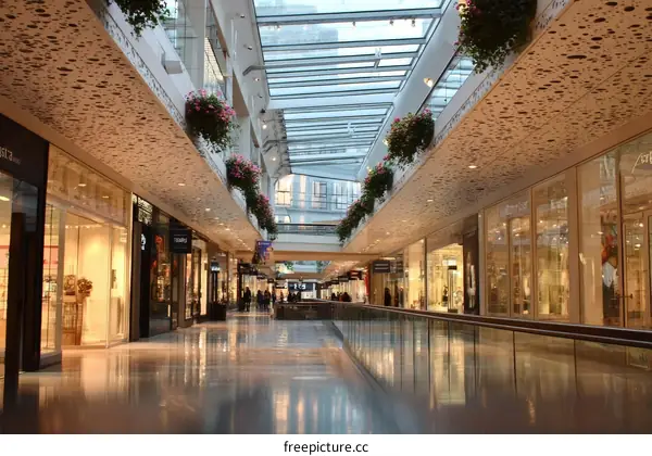 Modern Shopping Mall Interior with Glass Fronted Stores