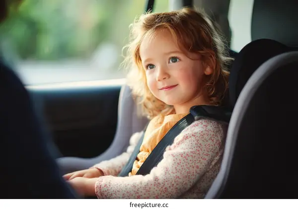 Little girl sitting in child safety seat inside car