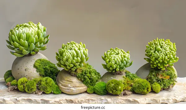 Succulents on Rocks with Green Moss