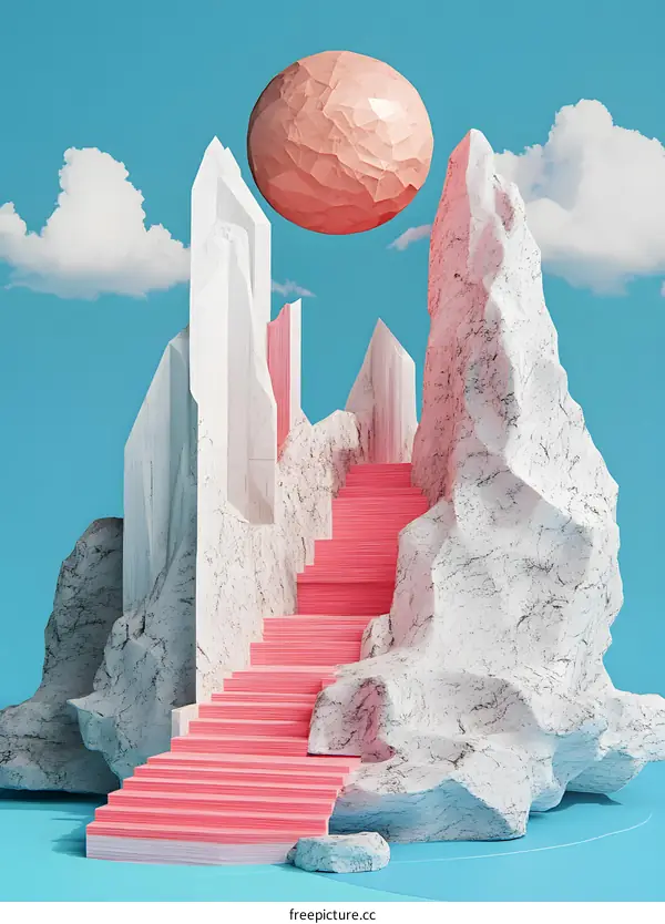 Abstract Stairway Leading to a Pink Sphere in a Surreal Landscape