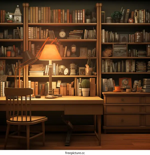 Vintage Study Room with Bookshelves and Wooden Desk