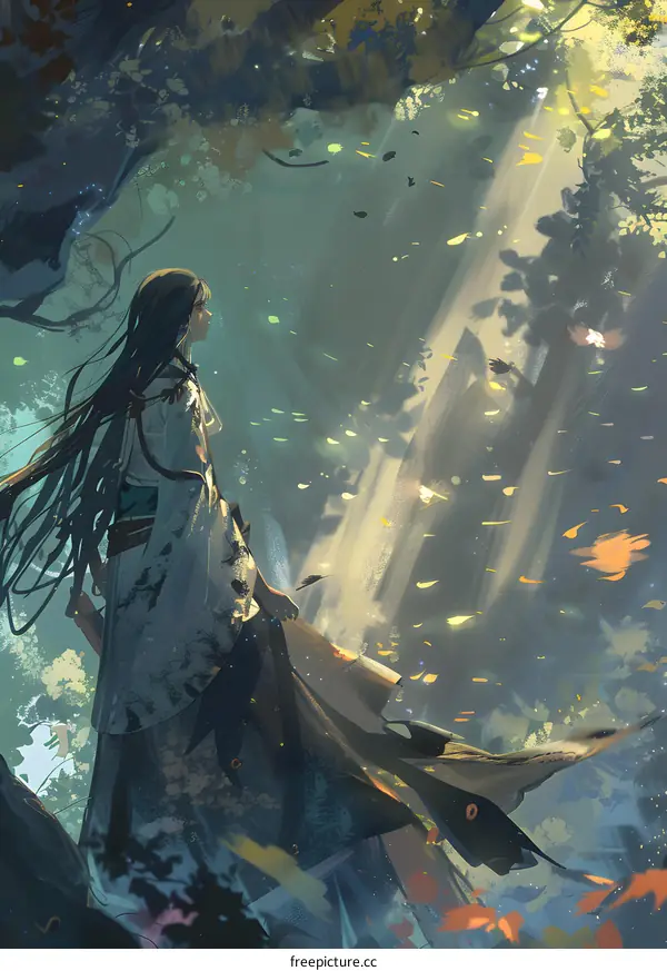 Anime Girl Standing in a Forest with Falling Leaves