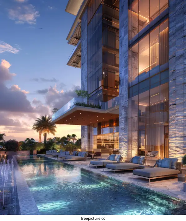 Luxury Poolside Evening View of Modern High-Rise Building