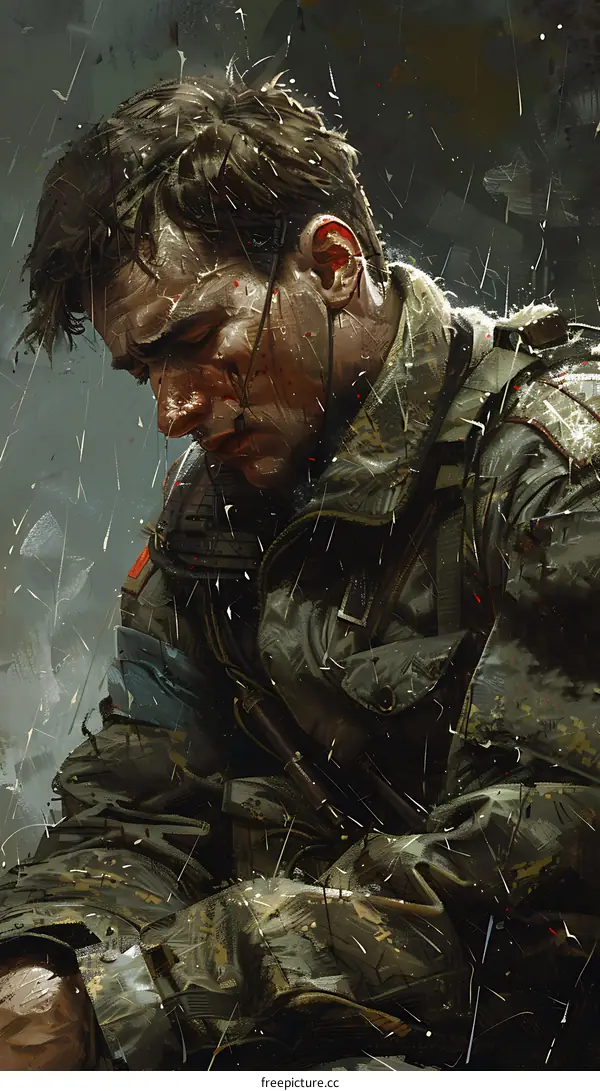 A wounded soldier is crying in the rain