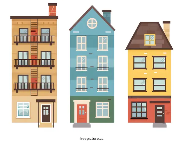 Three Colorful Buildings Illustration Cartoon Style
