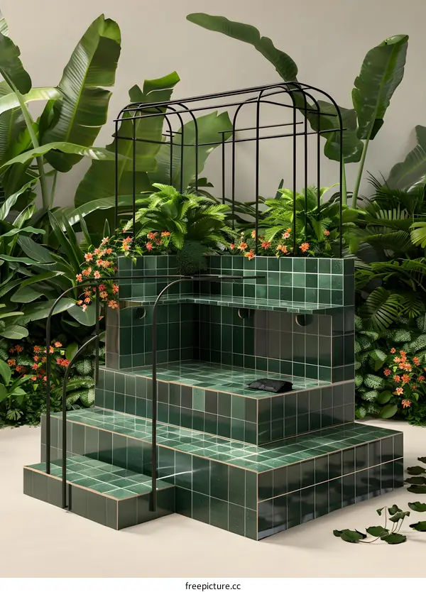 Green Tiled Platform with Metal Archway and Tropical Plants