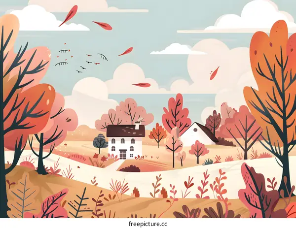 Autumn Landscape Illustration with White House and Falling Leaves