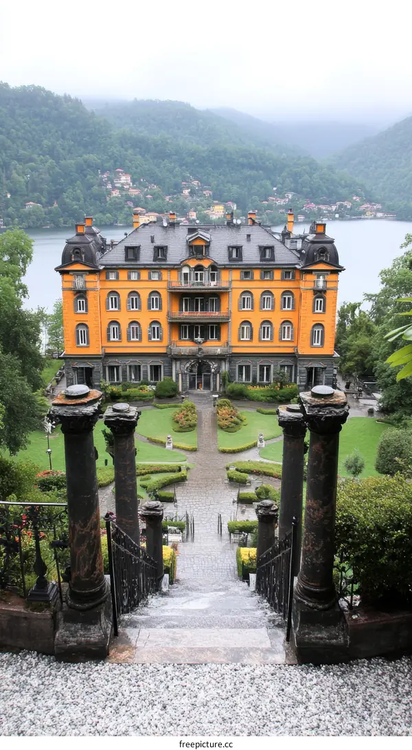 Lakefront Palace Exterior with Lush Gardens