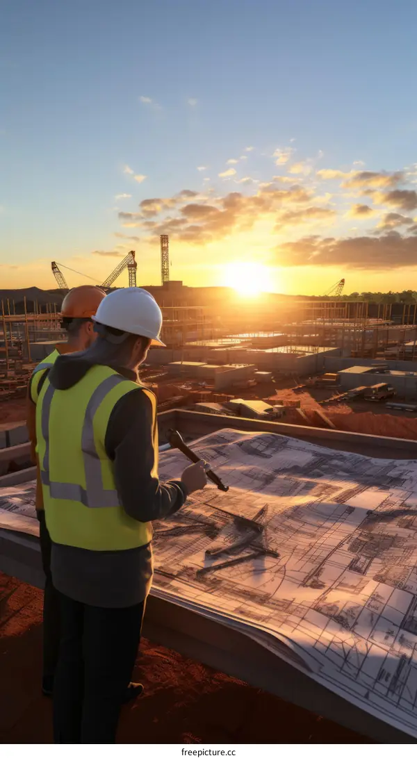 Two construction workers in hard hats and safety vests are looking at a blueprint on a construction site with cranes in the background