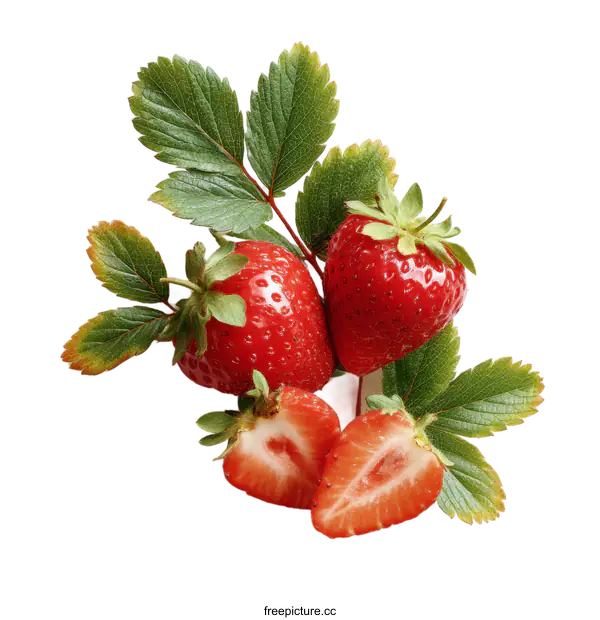 [Transparent Background PNG]Fresh Strawberries with Leaves on White Background