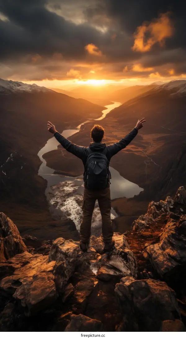 man standing on a mountaintop with his arms outstretched enjoying the sunset